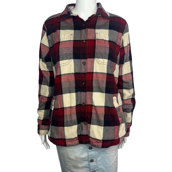 Carhartt Women's Flannel Shirt Shacket Size Medium Red Plaid Fleece Lined - Picture 2 of 10